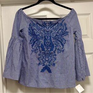 INC Blue and white Striped Embroidered Women's blouse